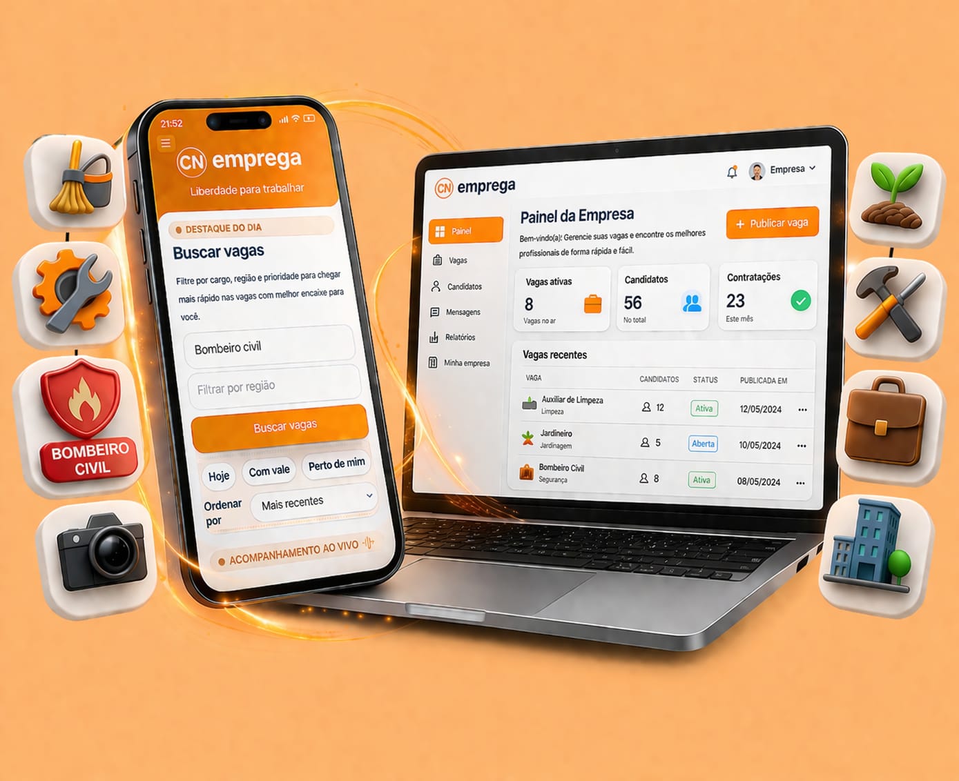 Tela do aplicativo CN Emprega exibida em um celular ao lado de um painel de contratação